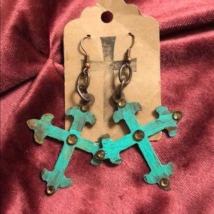Turquoise cross earrings in bronze metal